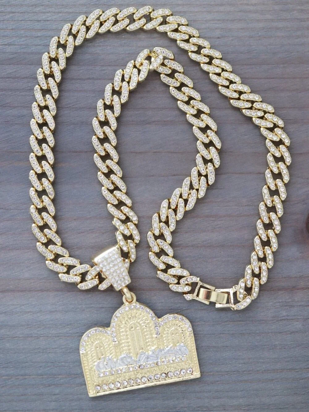 Last Supper Temple Design Pendant Iced Out Chain Necklace 18k Gold Plated